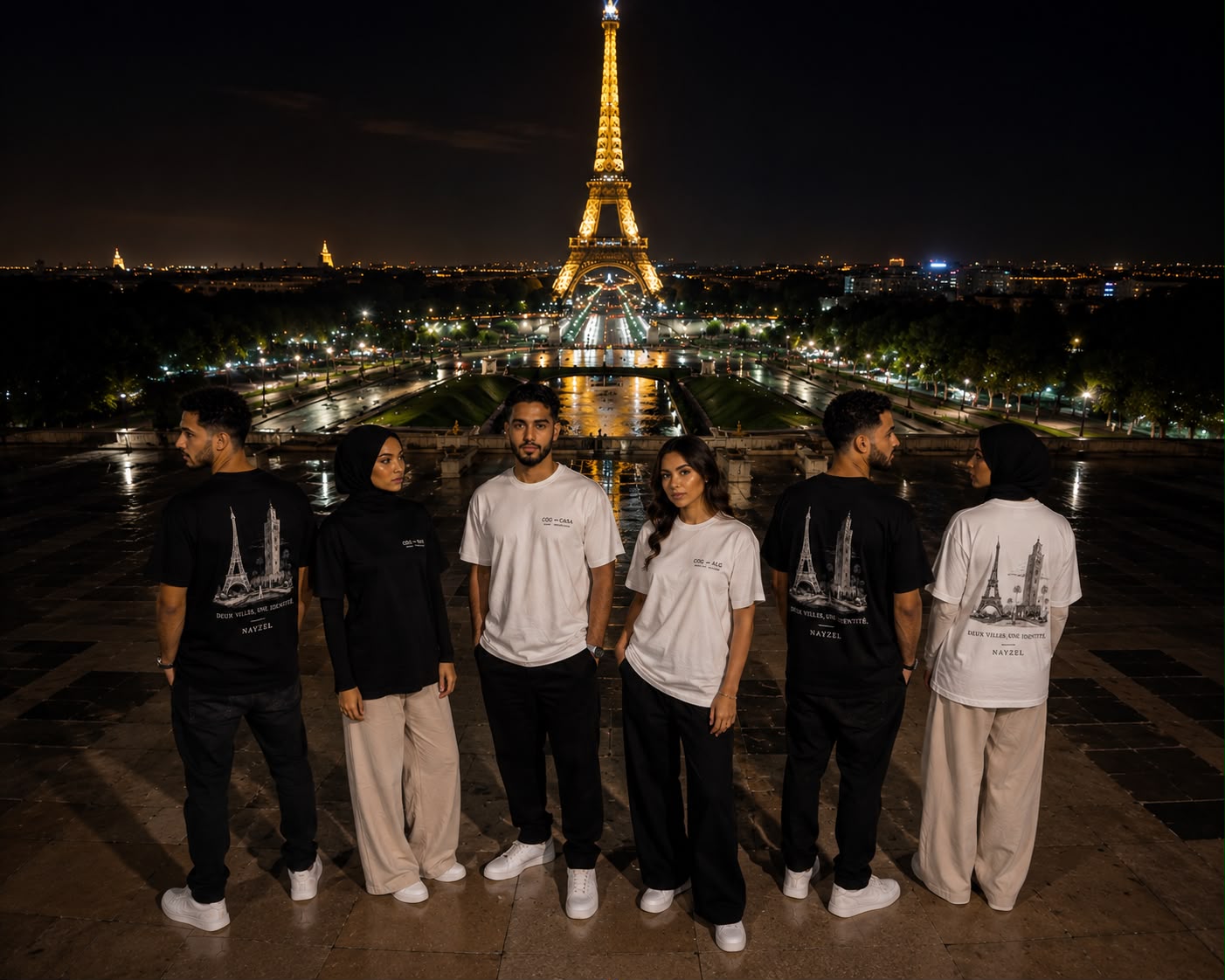 Mannequins NAYZEL réunis devant la Tour Eiffel de nuit